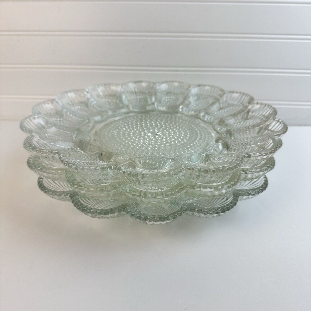 VTG Indiana Glass Clear Hobnail Deviled Egg Serving Plates Set of 3 Buffet Party